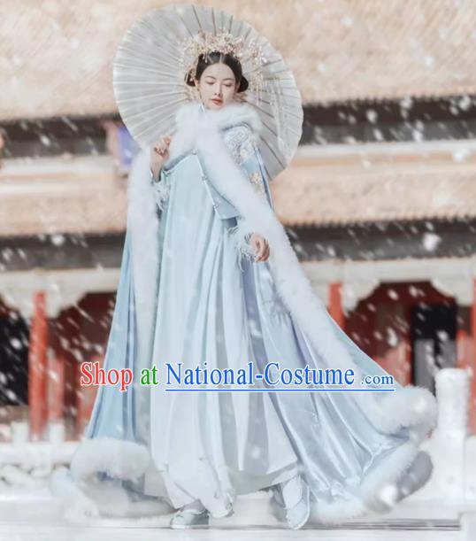 China Qing Dynasty Imperial Concubine Costume Traditional Manchu Woman Blue Cloak Ancient Court Empress Clothing