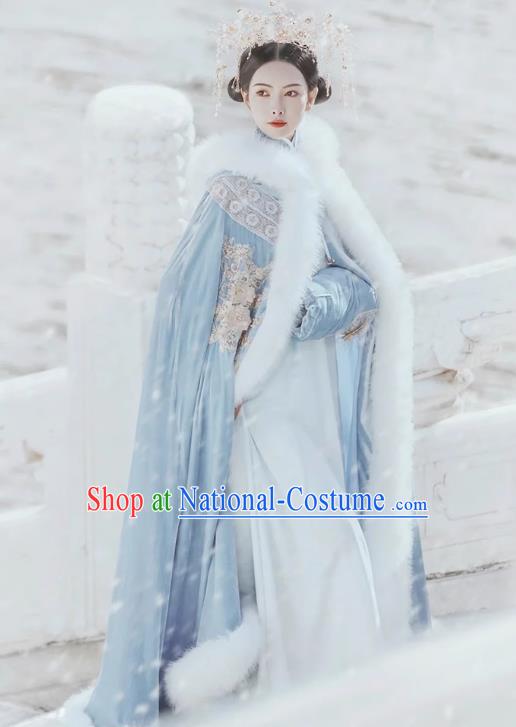 China Qing Dynasty Imperial Concubine Costume Traditional Manchu Woman Blue Cloak Ancient Court Empress Clothing