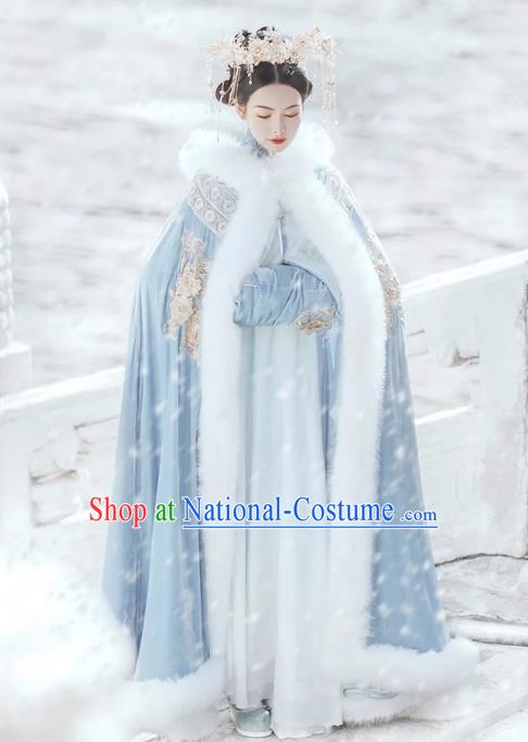 China Qing Dynasty Imperial Concubine Costume Traditional Manchu Woman Blue Cloak Ancient Court Empress Clothing