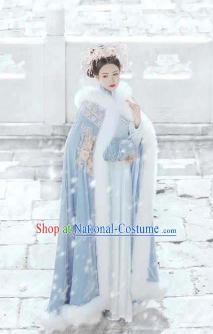 China Qing Dynasty Imperial Concubine Costume Traditional Manchu Woman Blue Cloak Ancient Court Empress Clothing