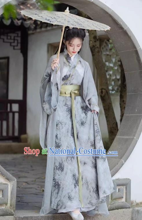 China Ancient Female Swordsman Clothing Jin Dynasty Young Woman Costumes Traditional Hanfu Grey Dresses