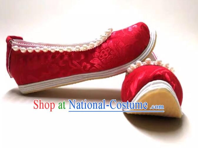 China Song Dynasty Pearls Shoes Ancient Princess Shoes Handmade Hanfu Red Brocade Shoes