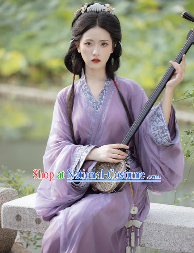 China Ancient Royal Princess Clothing the Warring States Time Young Woman Costumes Traditional Hanfu Purple Straight Front Robe