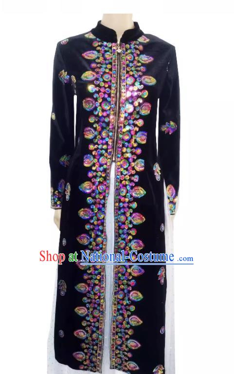 Black Chinese Xinjiang Dance Costumes Gold Velvet Embroidered Sequins Long Vest