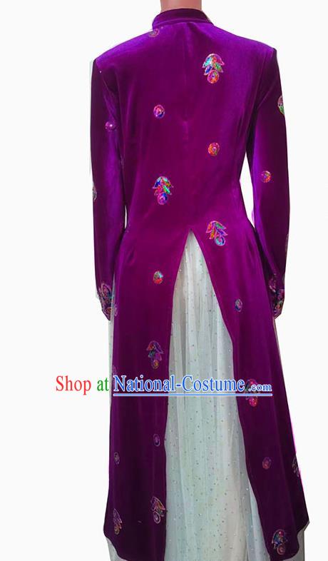 Purple Chinese Xinjiang Dance Costumes Gold Velvet Embroidered Sequins Long Vest