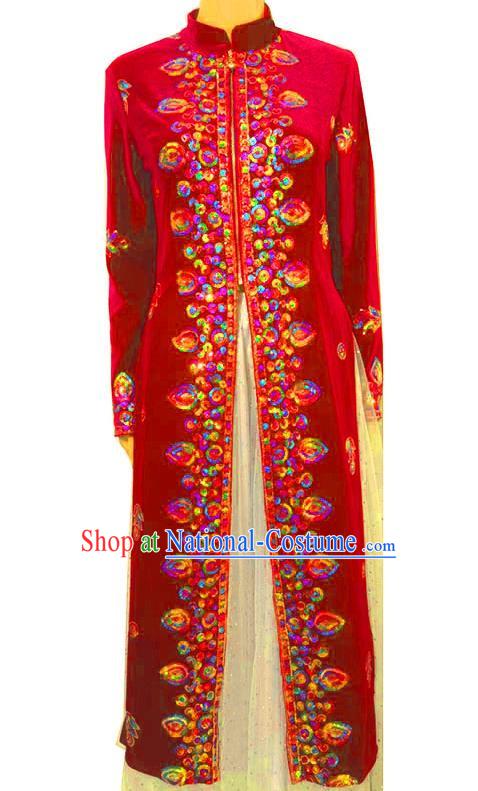 Red Chinese Xinjiang Dance Costumes Gold Velvet Embroidered Sequins Long Vest