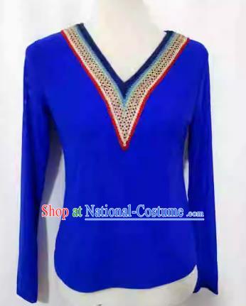 Royal blue China Xinjiang dance costume stretch mesh t-shirt bottoming shirt long sleeve slim fit