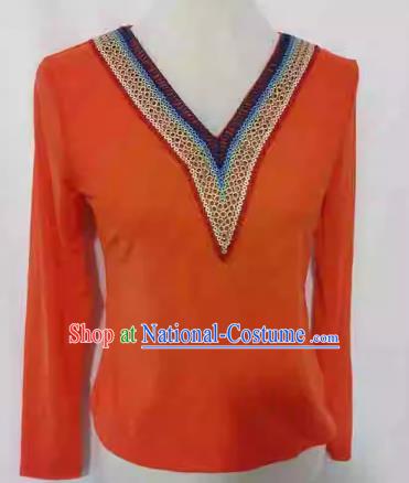 Orange China Xinjiang Dance Costume Stretch Mesh T-shirt Bottoming Shirt Long Sleeve Slim Fit