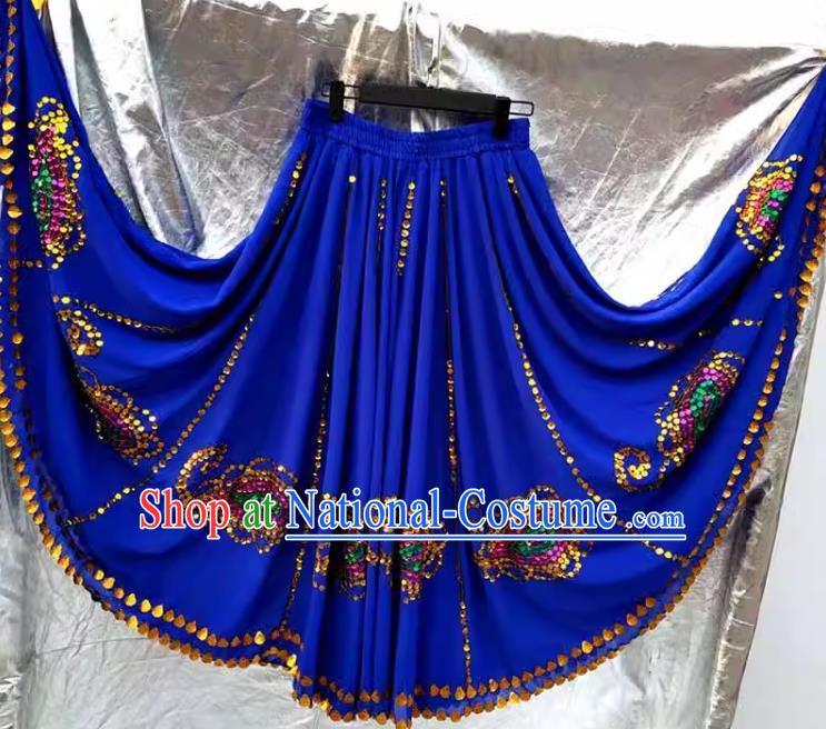 Sapphire blue Chinese Xinjiang dance Uyghur Maixi Laipu stage square dance ethnic characteristics pure handmade sequined skirt with large swing