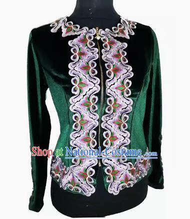 Dark green Chinese Xinjiang dance gold velvet inlaid flower top women performance costume