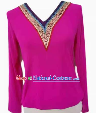 Rose Red China Xinjiang Dance Costume Stretch Mesh T-shirt Bottoming Shirt Long Sleeve Slim Fit