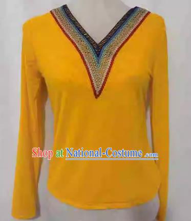 Yellow China Xinjiang Dance Costume Elastic Mesh T-shirt Bottoming Shirt Long Sleeve Slim Fit