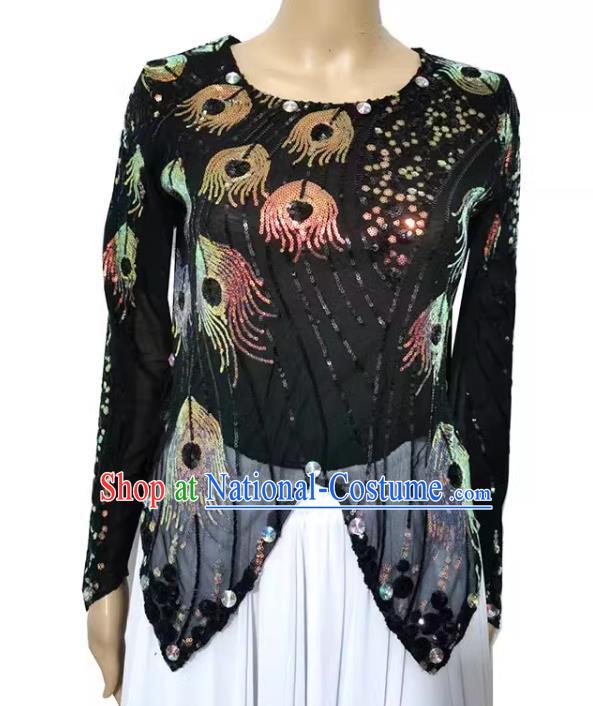 Black Chinese Xinjiang Dance Dress Mini Sharp Horn Vest Double Layer T-shirt with Sequin Phoenix Tail High Elastic Shining Four Seasons