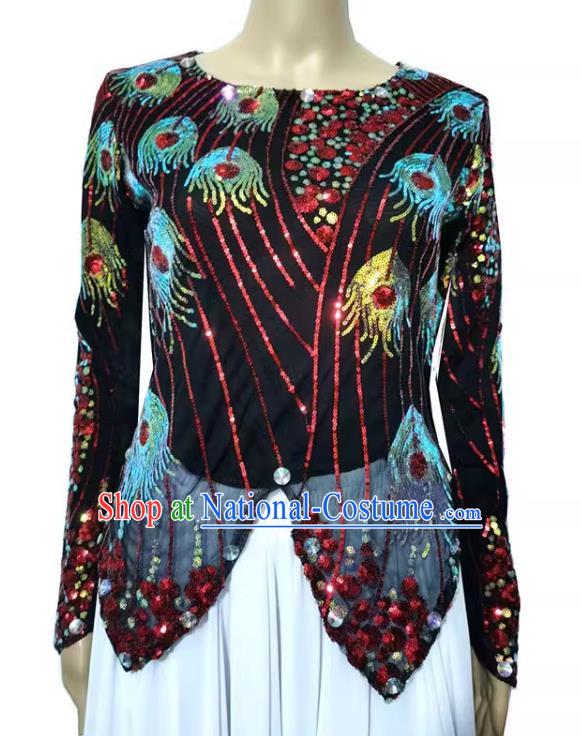 Black Chinese Xinjiang dance costume mini pointed vest double-layered t-shirt sequined phoenix tail high elastic shiny four seasons