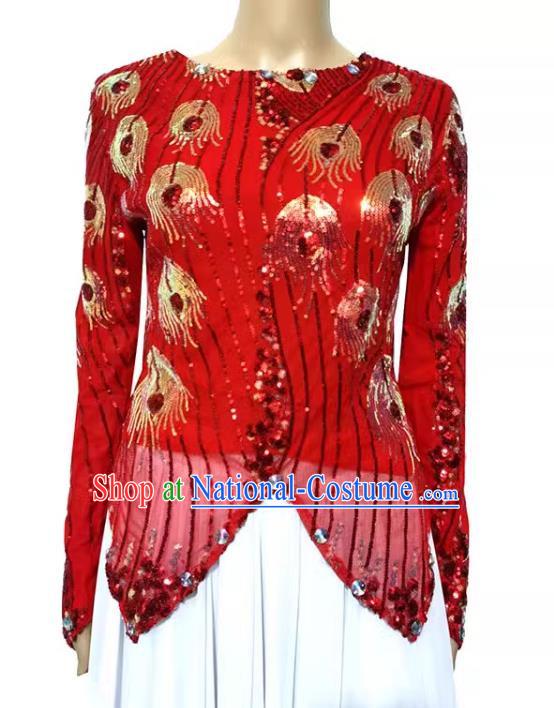 Red Chinese Xinjiang dance costume mini pointed vest double-layered t-shirt sequined phoenix tail high elastic shiny four seasons