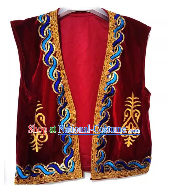 Wine red Chinese Xinjiang dance costume men vest