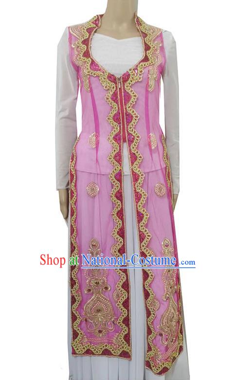 Pink China Xinjiang Dance Costume Transparent Embroidered Tail Long Vest