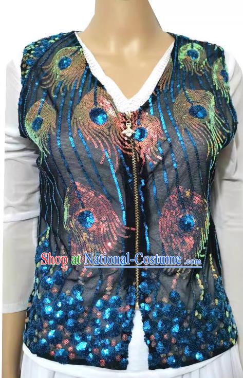 Blue China Xinjiang dance sequined sari stage performance ethnic style vest short style