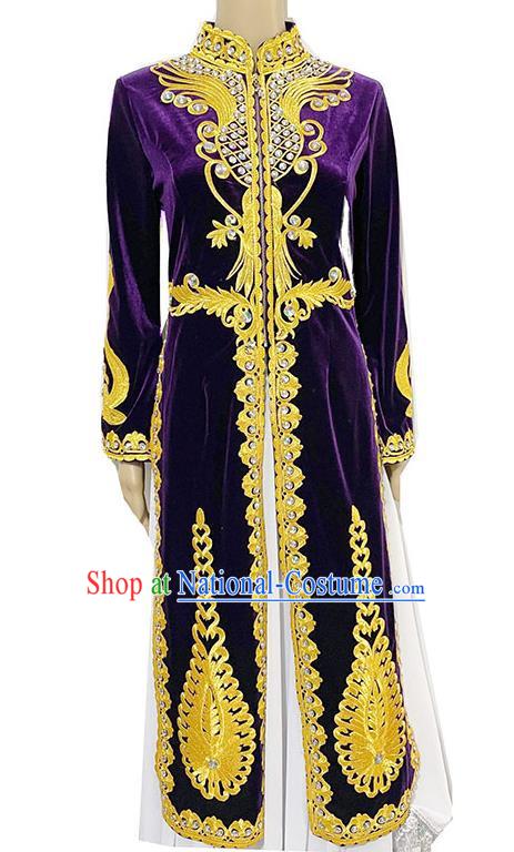 Purple China Xinjiang dance stage performance long vest with ruffles