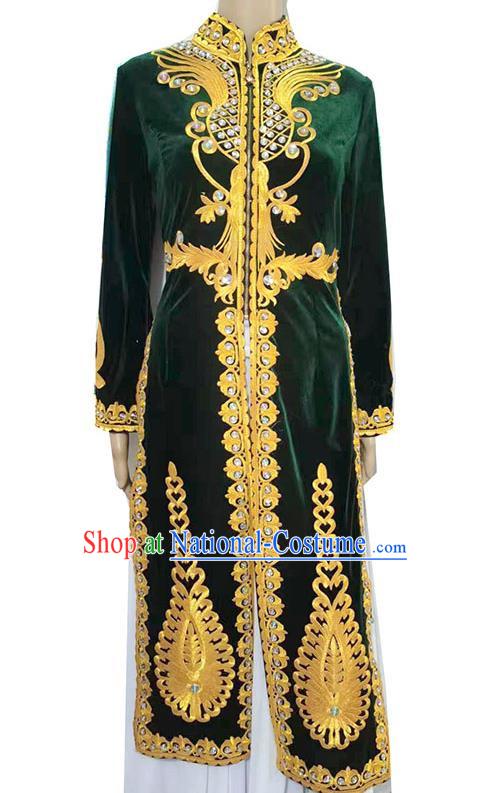 Green China Xinjiang dance stage performance long vest with ruffles