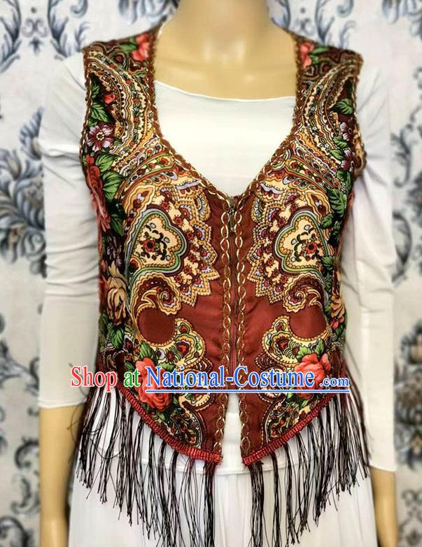 Dark red Chinese Xinjiang dance women vest Maxilapu ethnic style printed vest