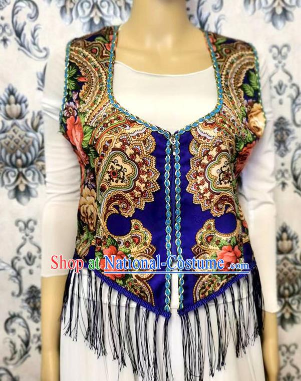 Sapphire blue China Xinjiang dance women vest Maxilapu ethnic style printed vest