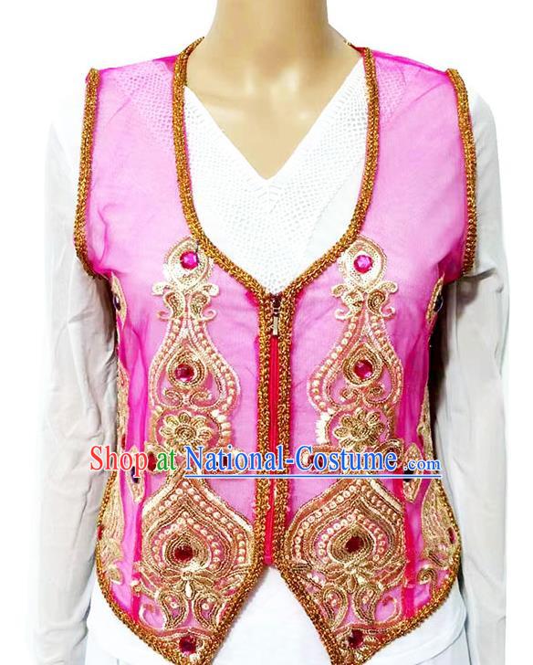 Rose red Chinese Xinjiang dance sari see-through heavy industry inlaid gemstone new short vest