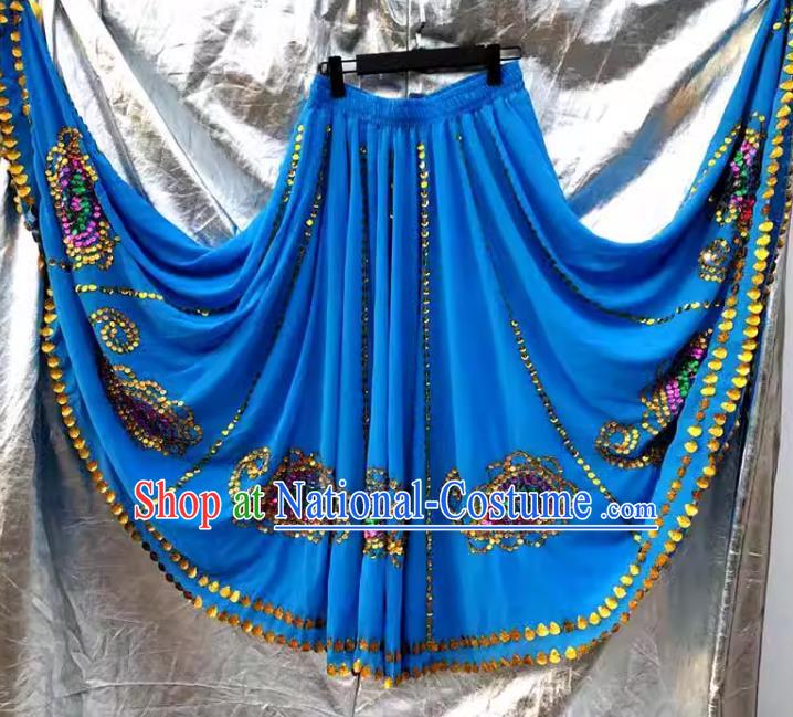 Blue China Xinjiang Dance Uyghur Maixi Laipu Stage Square Dance Ethnic Characteristics Purely Handmade Sequined Swing Skirt