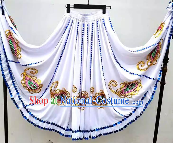 White Chinese Xinjiang Dance Uyghur Maixilipu Stage Square Dance Ethnic Characteristics Pure Handmade Sequin Large Swing Skirt