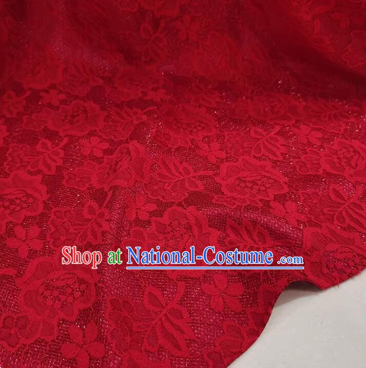 Top Cheongsam Wine Red Lace Fabric Hollowed Out Rose Pattern Lace Material Costume Stretch Cloth