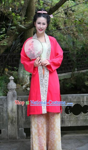 China Song Dynasty Woman Costumes Ancient Young Mistress Clothing Traditional Hanfu Rosy Beizi and Pants Complete Set