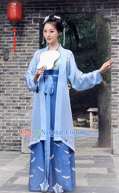 China Ancient Young Mistress Clothing Traditional Hanfu Blue Beizi and Skirt Song Dynasty Woman Costumes