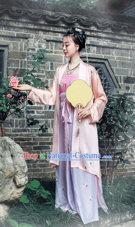 China Song Dynasty Woman Costumes Ancient Young Mistress Clothing Traditional Hanfu Summer Pink Beizi and Skirt Complete Set