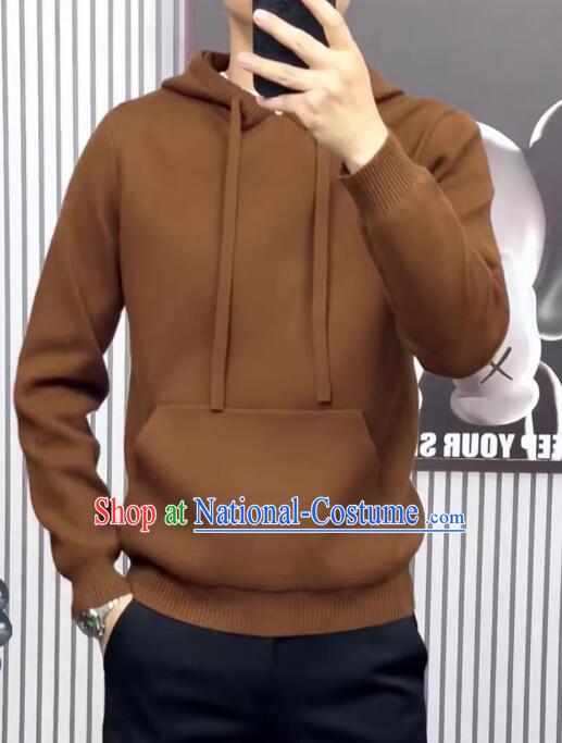 Men Woolen Knitted Sweater Brown Hoodie Jacket Top Grade Sweater