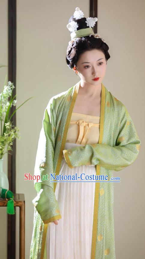 China Southern Song Dynasty Woman Costumes Traditional Hanfu Green Beizi and White Skirt Ancient Noble Female Clothing