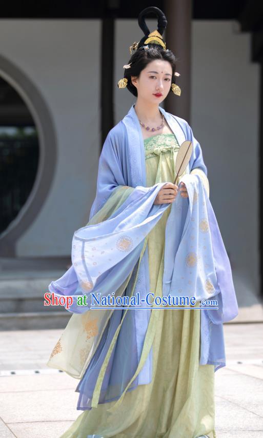 China Traditional Hanfu Blue Cape and Green Hezi Dress Ancient Court Woman Clothing Late Tang Dynasty Royal Empress Costumes