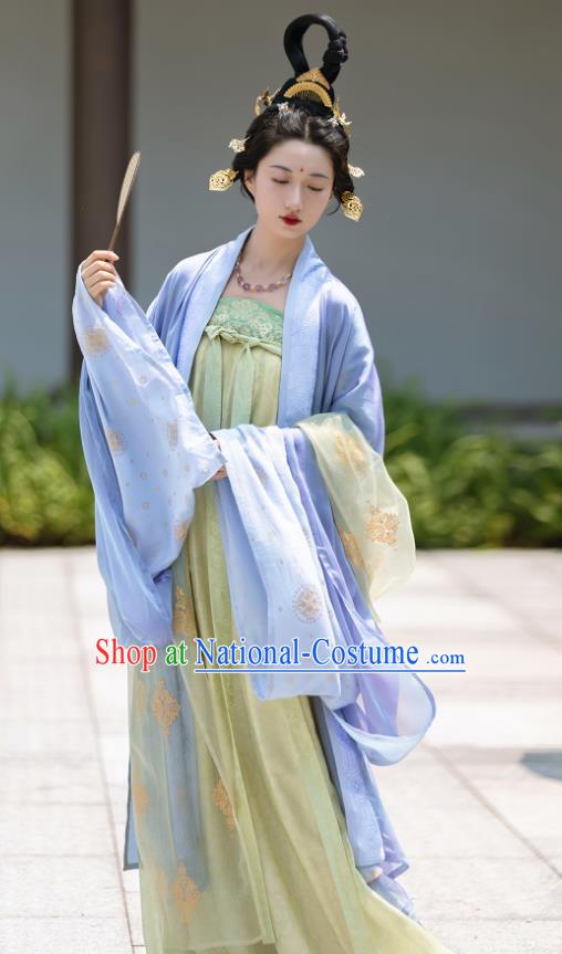 China Traditional Hanfu Blue Cape and Green Hezi Dress Ancient Court Woman Clothing Late Tang Dynasty Royal Empress Costumes