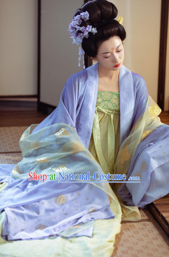 China Traditional Hanfu Blue Cape and Green Hezi Dress Ancient Court Woman Clothing Late Tang Dynasty Royal Empress Costumes