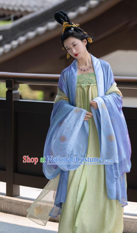 China Traditional Hanfu Blue Cape and Green Hezi Dress Ancient Court Woman Clothing Late Tang Dynasty Royal Empress Costumes