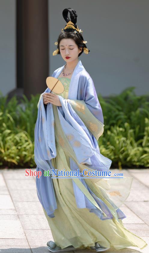 China Traditional Hanfu Blue Cape and Green Hezi Dress Ancient Court Woman Clothing Late Tang Dynasty Royal Empress Costumes