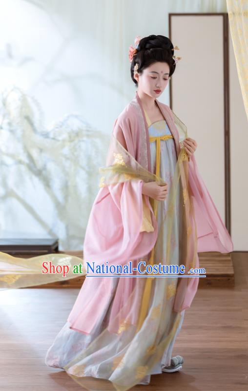 China Late Tang Dynasty Royal Empress Costumes Traditional Hanfu Pink Cape and Blue Dress Ancient Court Woman Clothing