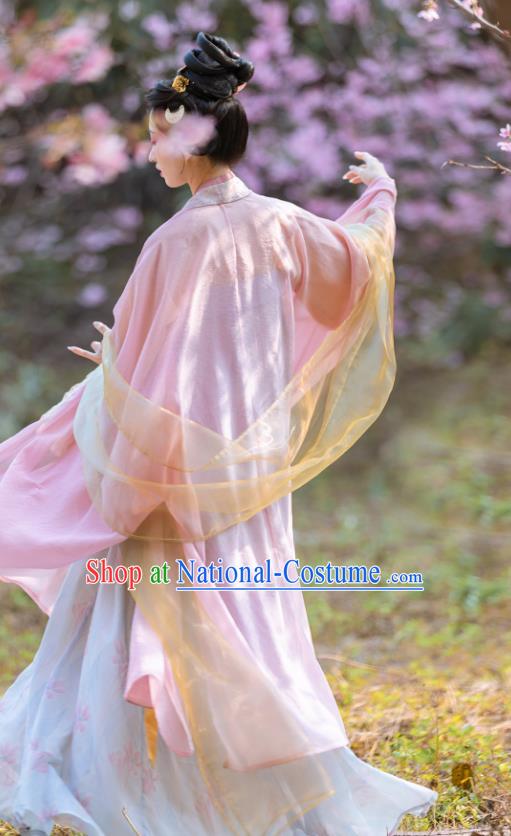 China Late Tang Dynasty Royal Empress Costumes Traditional Hanfu Pink Cape and Blue Dress Ancient Court Woman Clothing