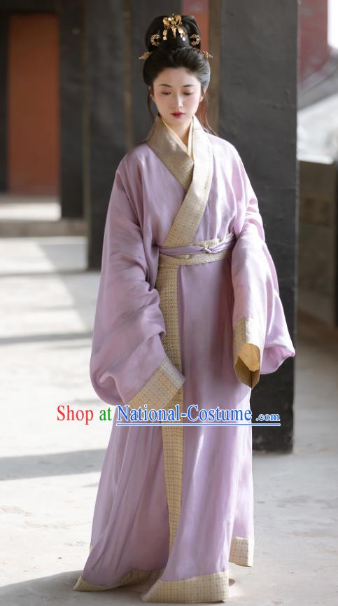 China Ancient Court Princess Clothing Eastern Han Dynasty Royal Empress Costume Traditional Hanfu Lilac Straight Front Robe