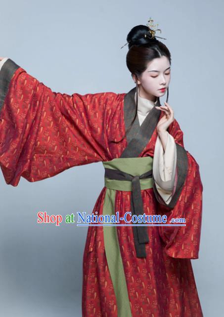 China Traditional Hanfu Red Dress Eastern Han Dynasty Noble Woman Clothing Ancient Palace Empress Costumes