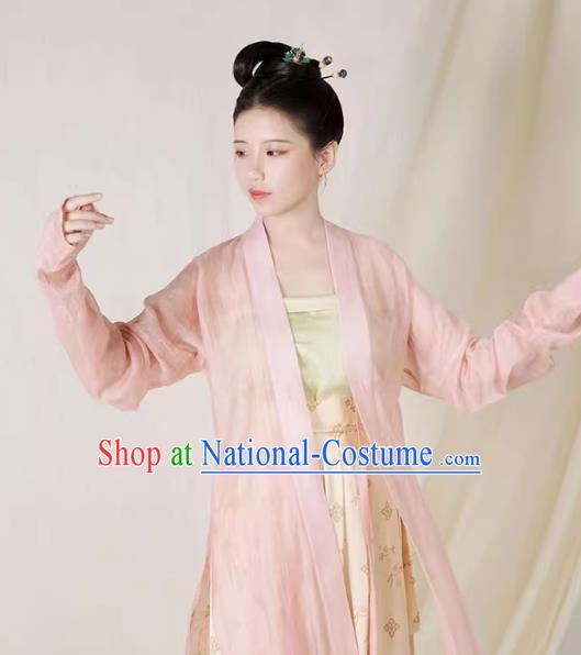 China Song Dynasty Young Woman Clothing Ancient Lady Replica Costumes Traditional Hanfu Pink Beizi Green Top and Beige Skirt Complete Set