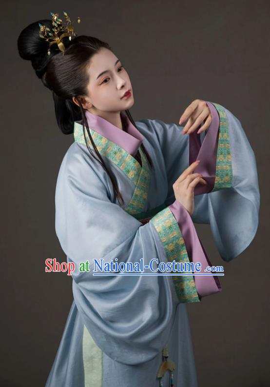 China Traditional Hanfu Blue Dress Eastern Han Dynasty Young Woman Xiao Qiao Clothing Ancient Imperial Consort Replica Costumes