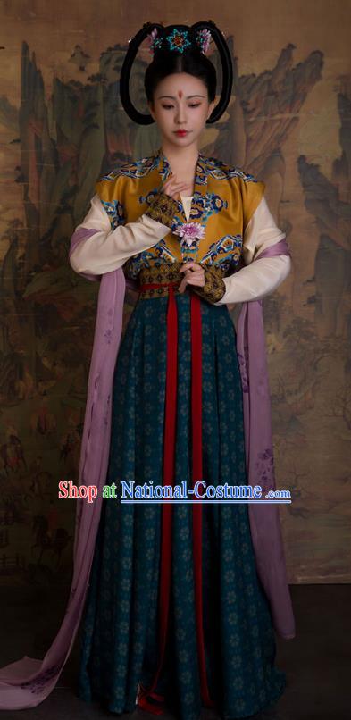 China Tang Dynasty Royal Princess Clothing Ancient Court Lady Replica Costumes Traditional Hanfu Mulberry Silk Beizi and Po Skirt