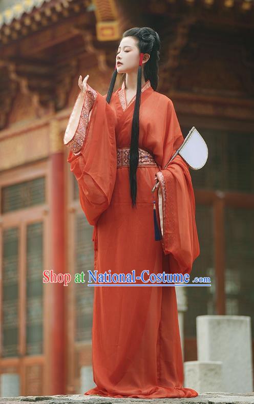 Chinese the Warring States Period Young Woman Red Dress Ancient Court Queen Straight Front Robe Clothing