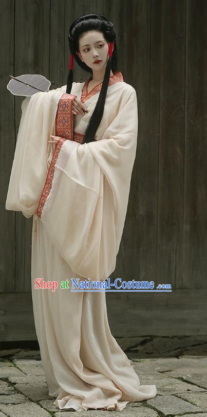 Chinese Warring States Period Woman Clothing Traditional Hanfu Straight Front Robe Ancient Empress White Dress