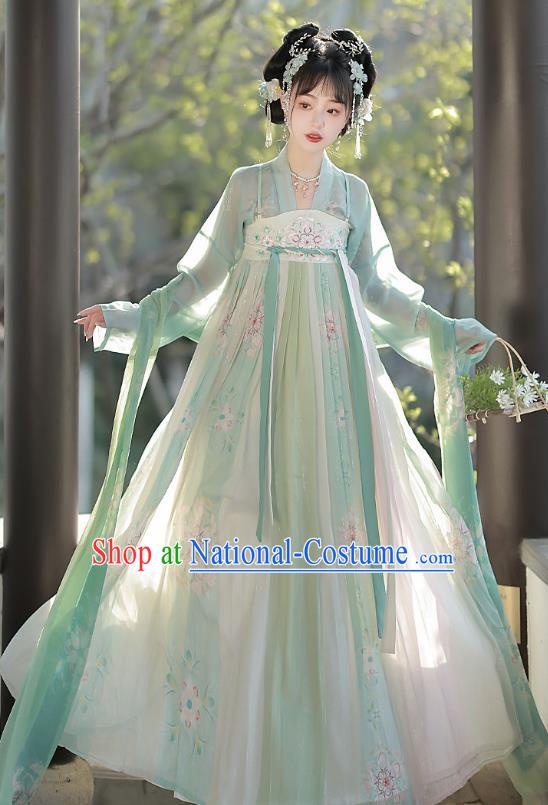 Chinese Traditional Embroidered Green Hezi Dress Ancient Young Lady Costume Tang Dynasty Princess Clothing